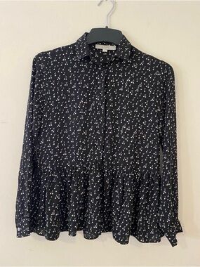 LOFT black button up Cherry print blouse office business casual